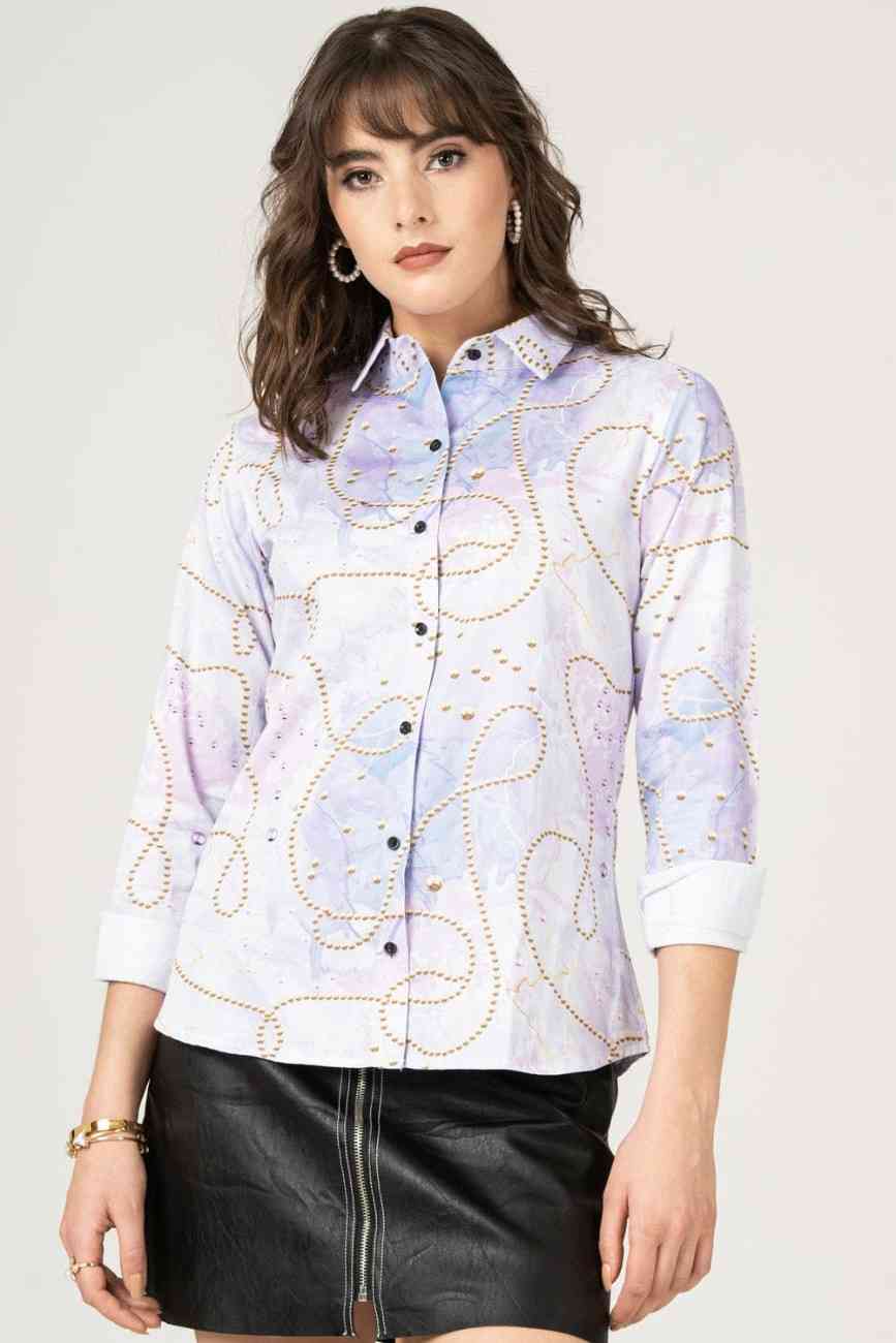 Women’s Blue & Lilac Marble Chain Print Button-Down Shirt