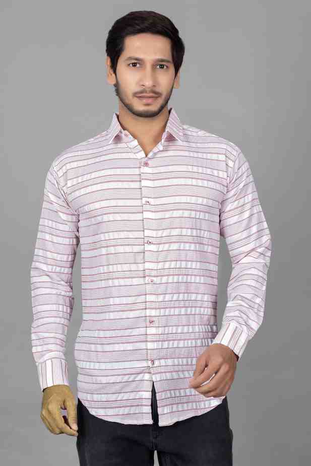 Men’s Horizontal Striped Casual Shirt – White & Maroon