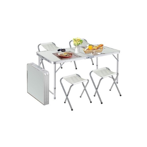 4 Feet Multipurpose Aluminium Folding Camping Table with 4 Oxford Mat Chairs & Carrying Handle | Height Adjustable Table for Picnic, Hiking, Garden, Outdoor & Indoor Use