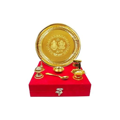 Gold Plated Pooja Thali Set, 7 Pieces, 8.5 cm, Red Velvet Box, Indian Occasional Gift