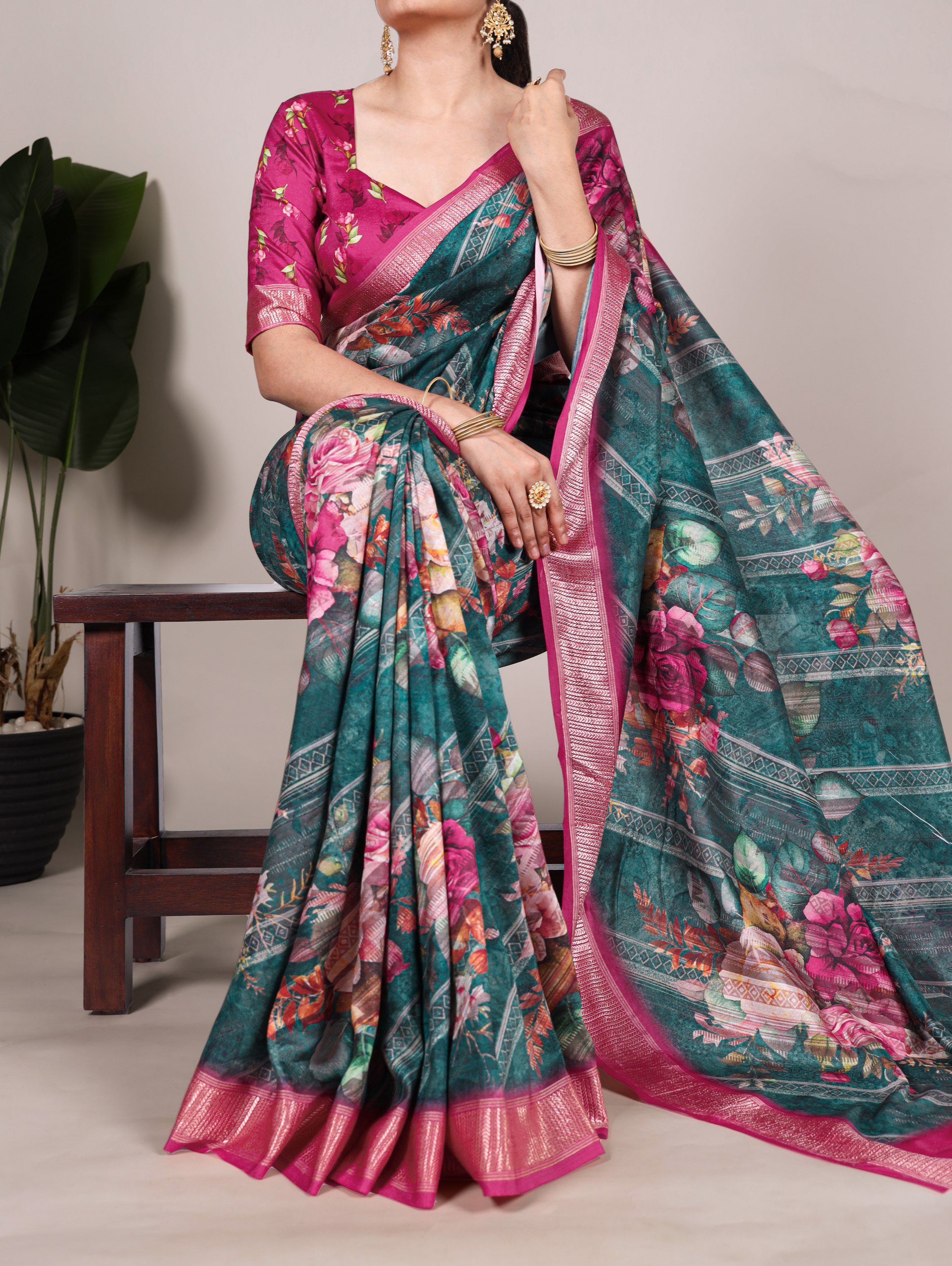 Floral White Tasar Silk Saree with Viscose Border