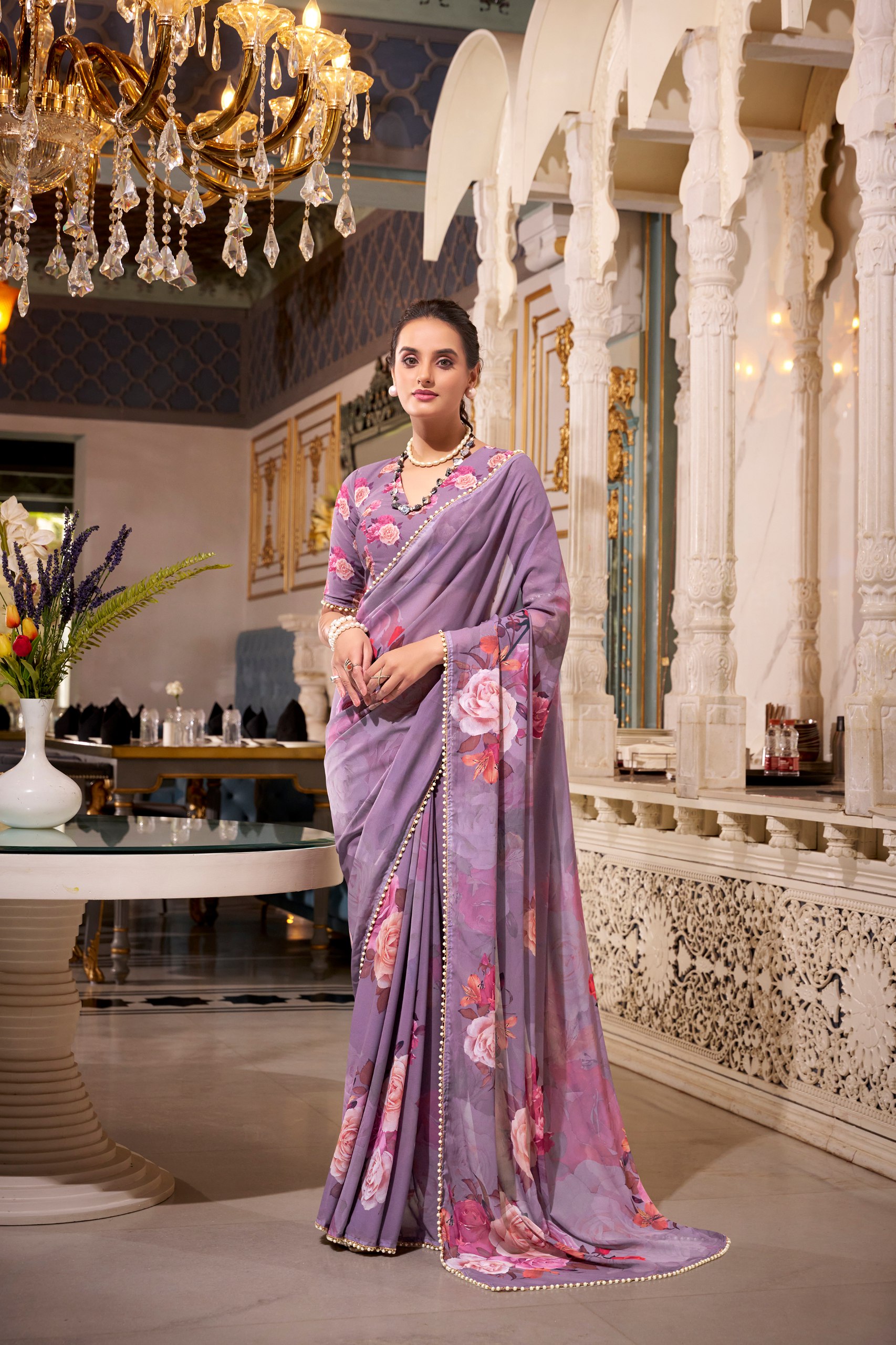 Georgette Printed Saree with Pearl Lace Border – NIRZARI Collection